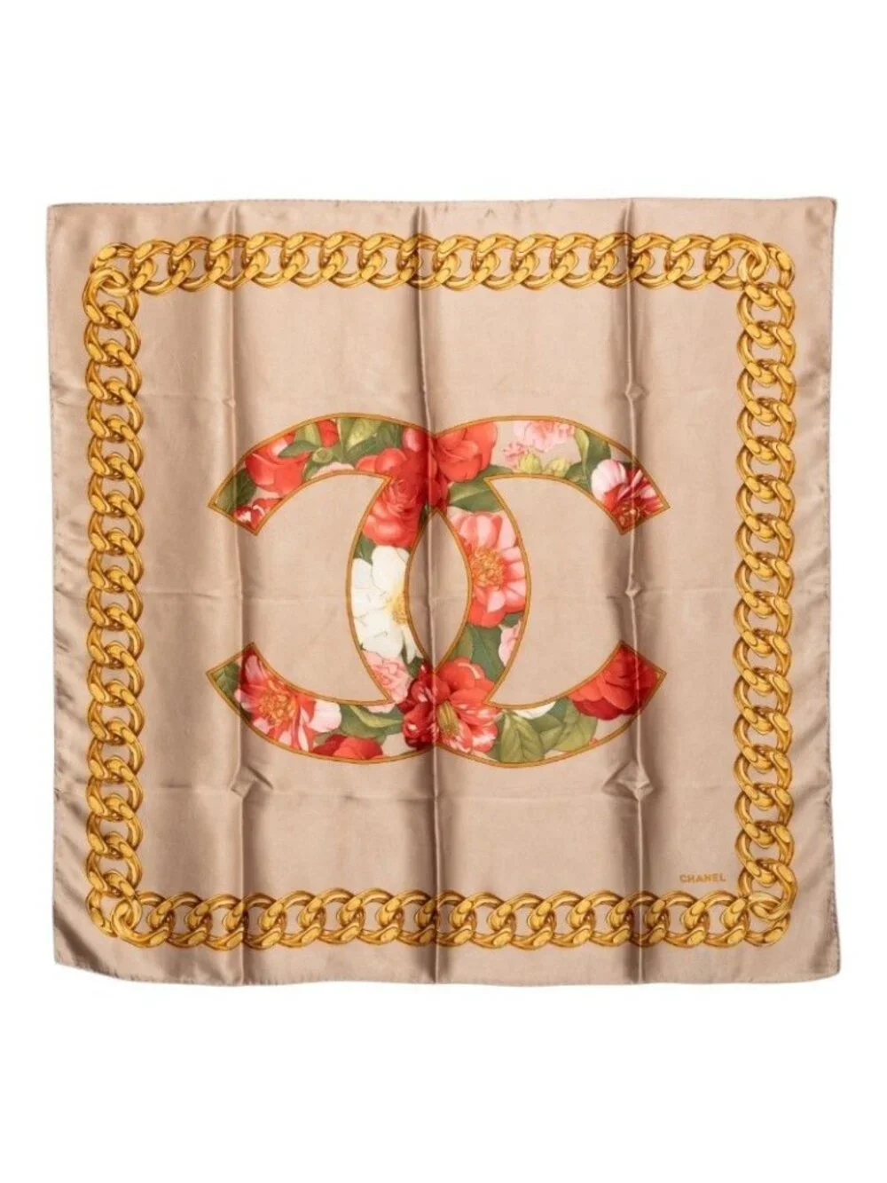Chanel CC Logo Floral Chain Scarf Large Beige Multicolor Silk